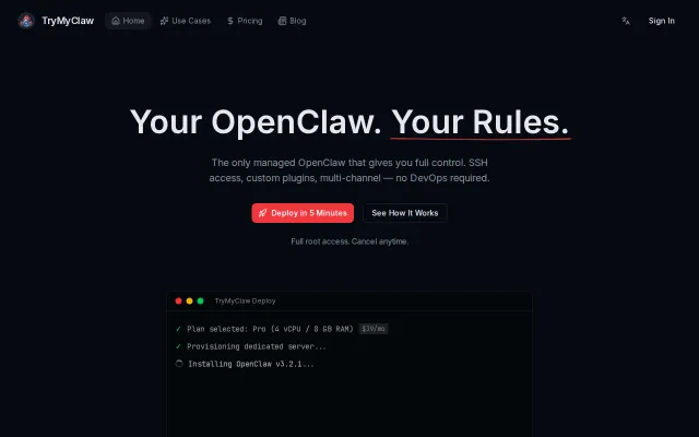 TryMyClaw – Managed OpenClaw hosting with full SSH and root access