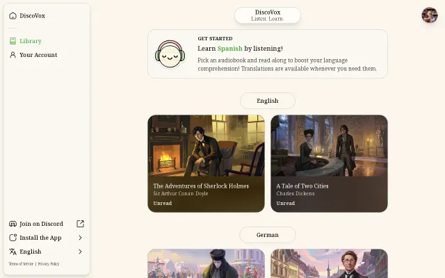 Free audiobooks with synchronized text for language learning