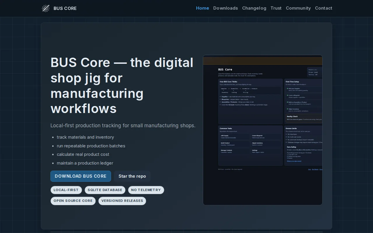 Bus Core 1.0.3 Local-first manufacturing system for small shops