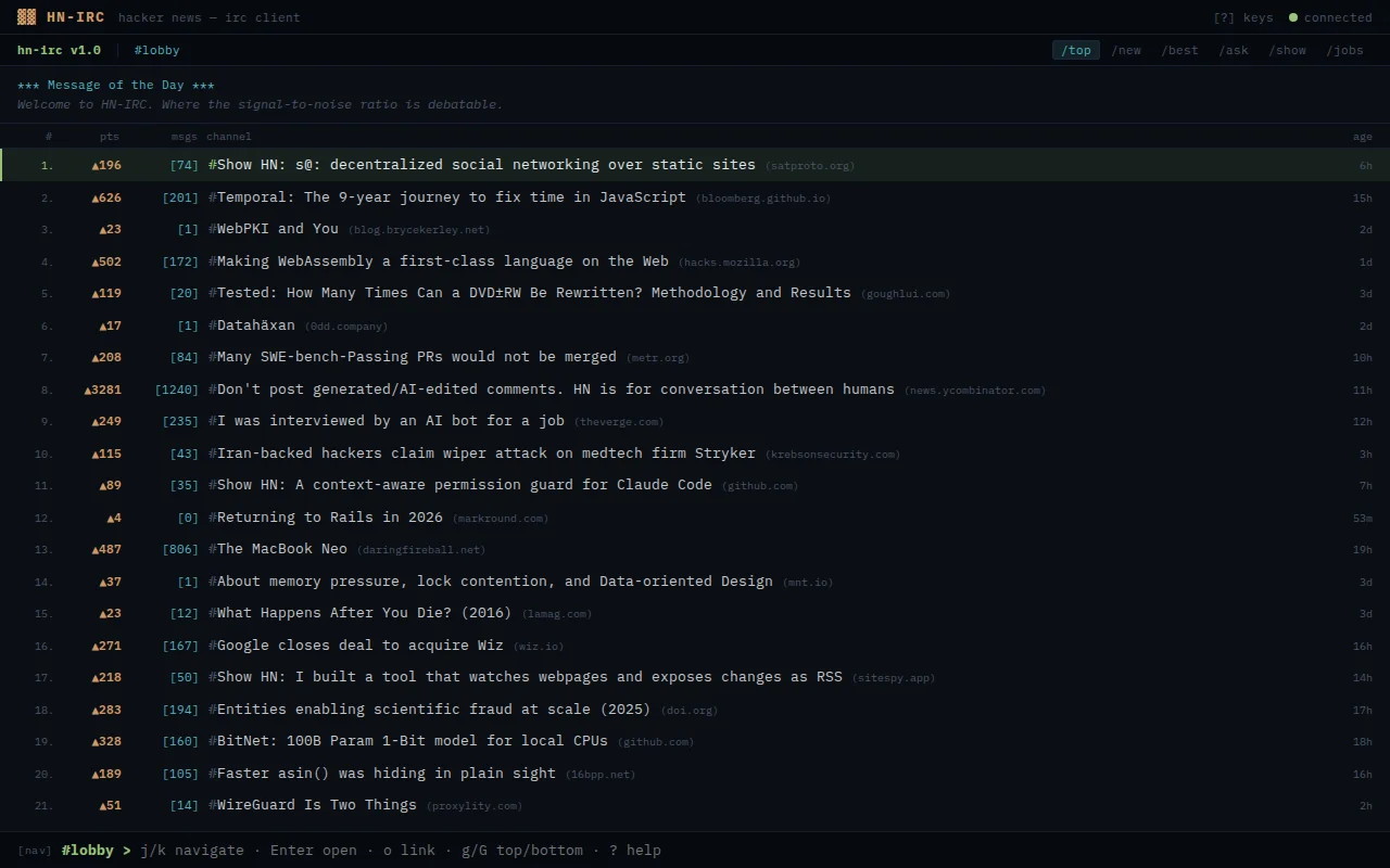 HN-IRC – I rebuilt Hacker News as a retro IRC client