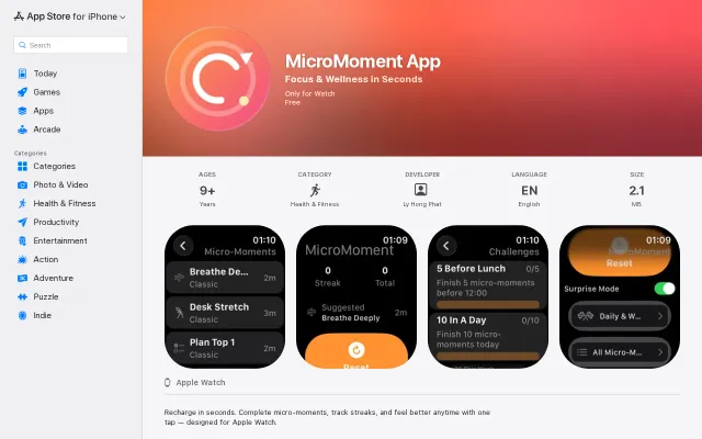 MicroMoment Apple Watch micro-resets for focus, posture, and wellbeing