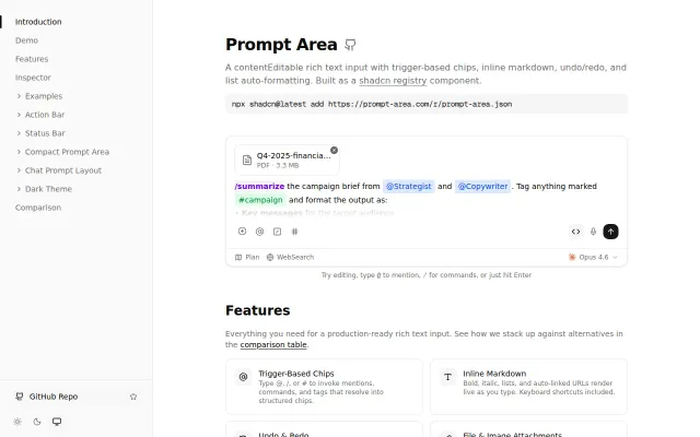 Prompt Area – Rich text input for AI chat UIs (Shadcn, zero deps)