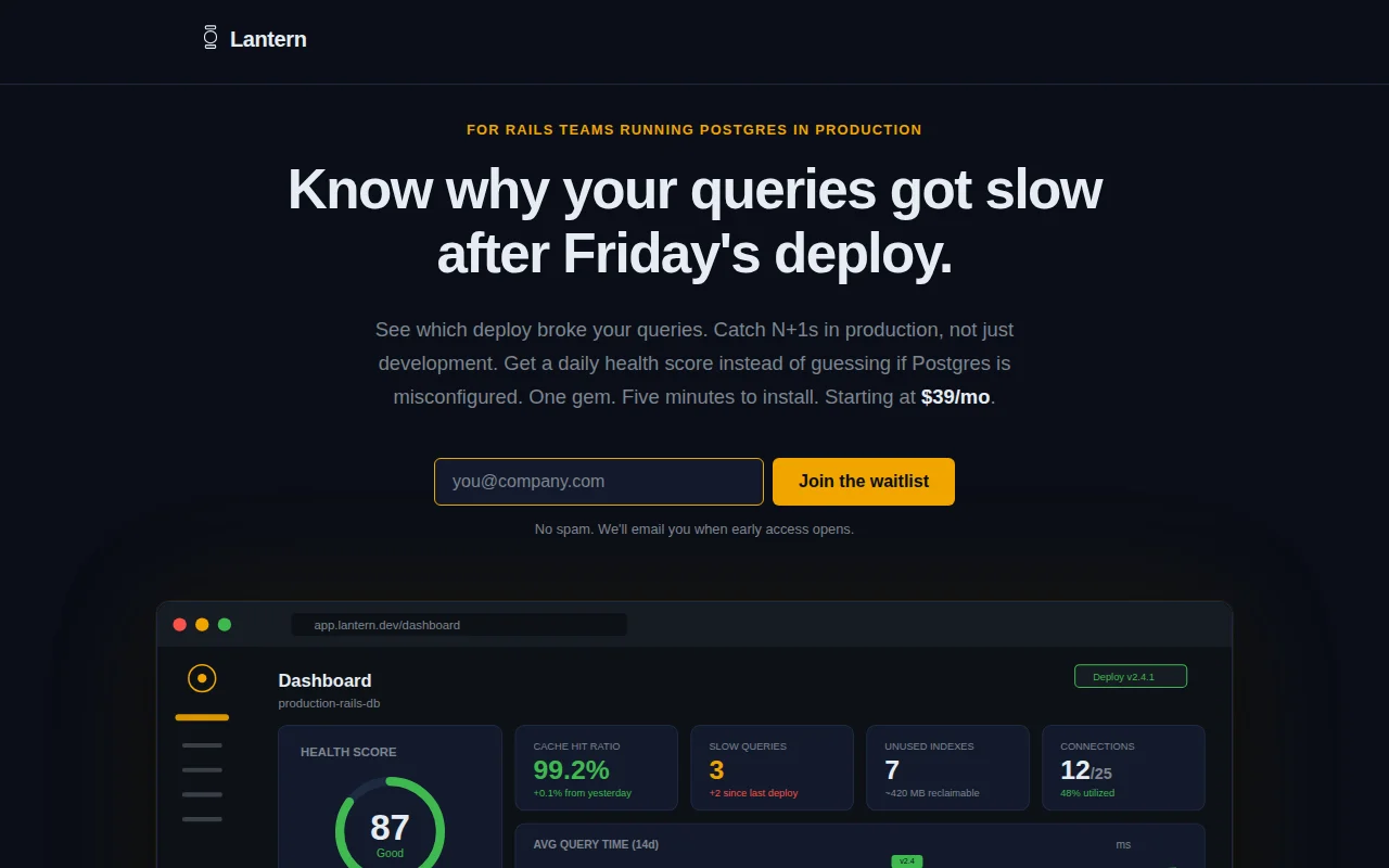 Lantern is a Postgres query monitoring for Rails teams ($39/mo)