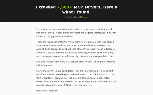 Search 7,500 MCP servers across NPM, PyPI, and the official registry
