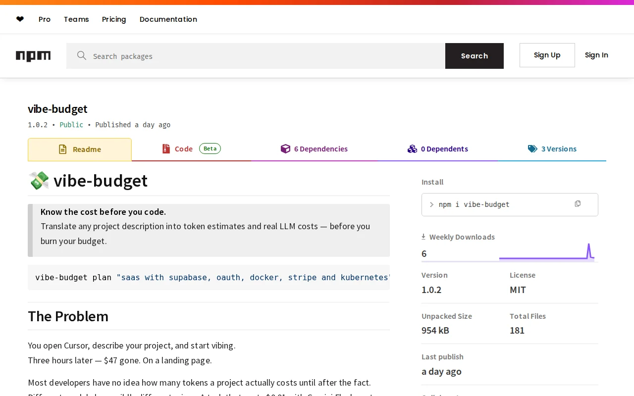 Vibe-budget – CLI to estimate LLM costs before you start vibe coding