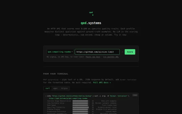 Score any URL against a quality profile with one curl command