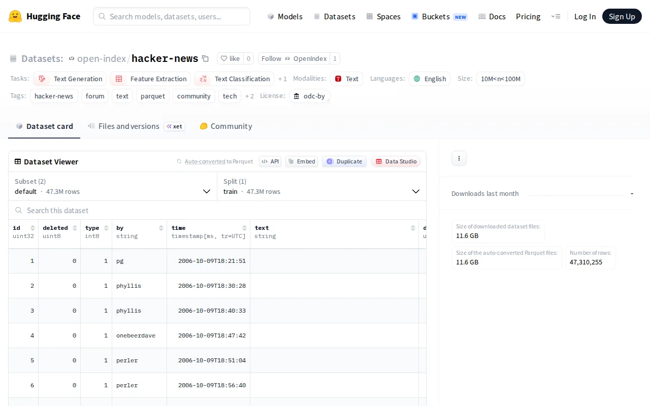 Hacker News archive (47M+ items, 11.6GB) as Parquet, updated every 5m