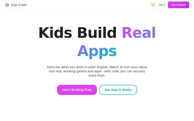Zap Code – AI code generator that teaches kids real HTML/CSS/JS