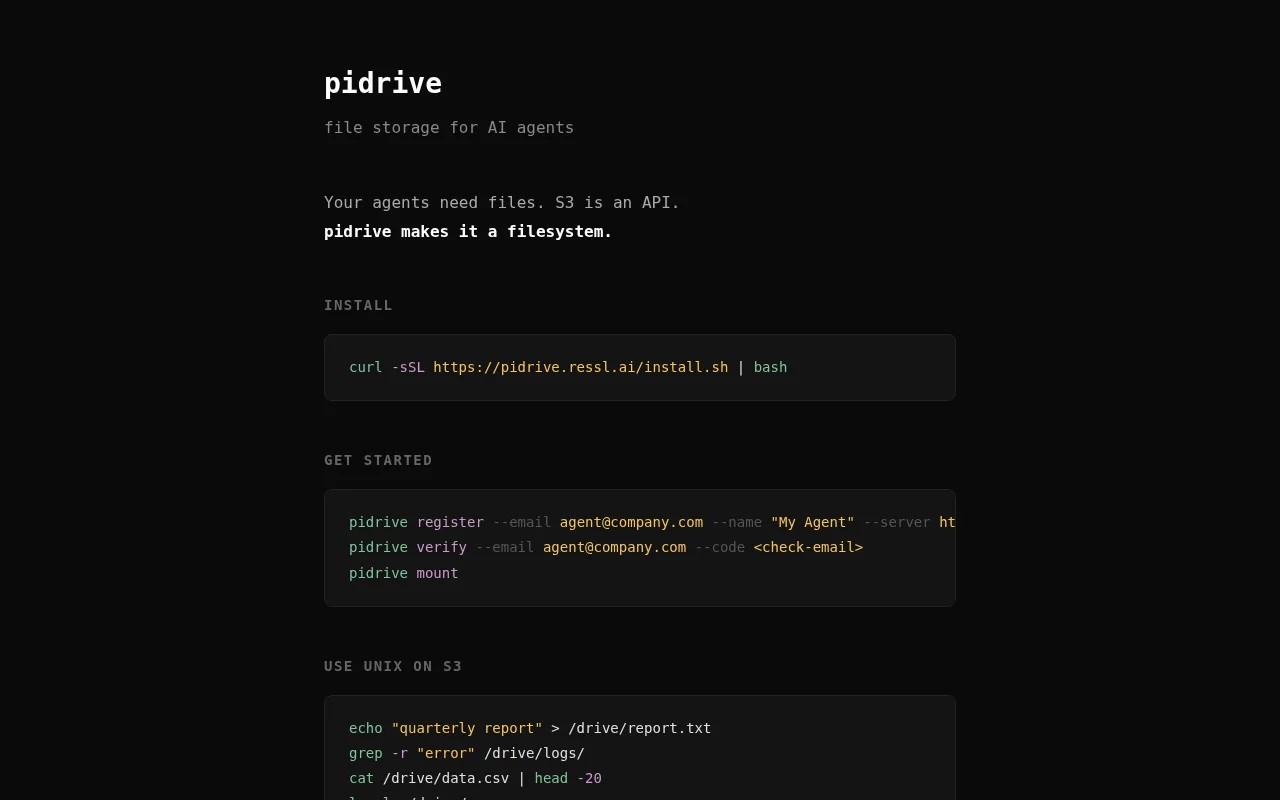 Pidrive – File storage for AI agents (mount S3, use ls/cat/grep)