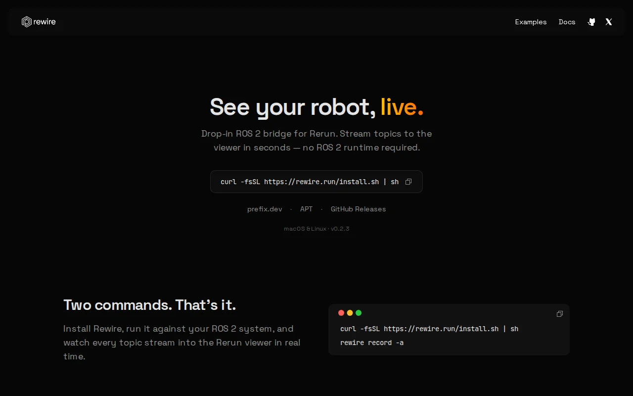 Rewire – Stream ROS 2 topics to Rerun with no ROS 2 runtime required