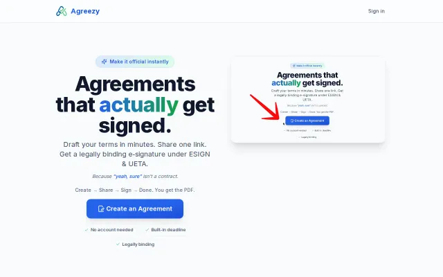 Agreezy: Create and e-sign agreements in minutes, no account needed
