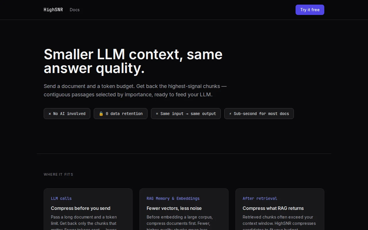 HighSNR – Cut length and noise from your LLM context