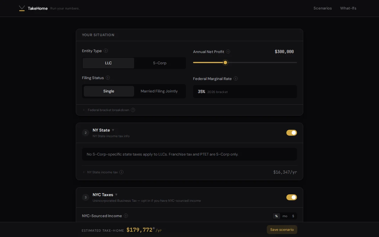 TakeHome – LLC vs. S-Corp tax calculator for solopreneurs
