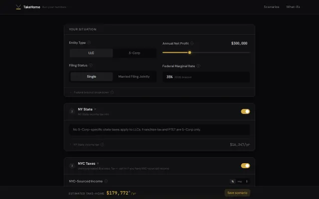 TakeHome – LLC vs. S-Corp tax calculator for solopreneurs