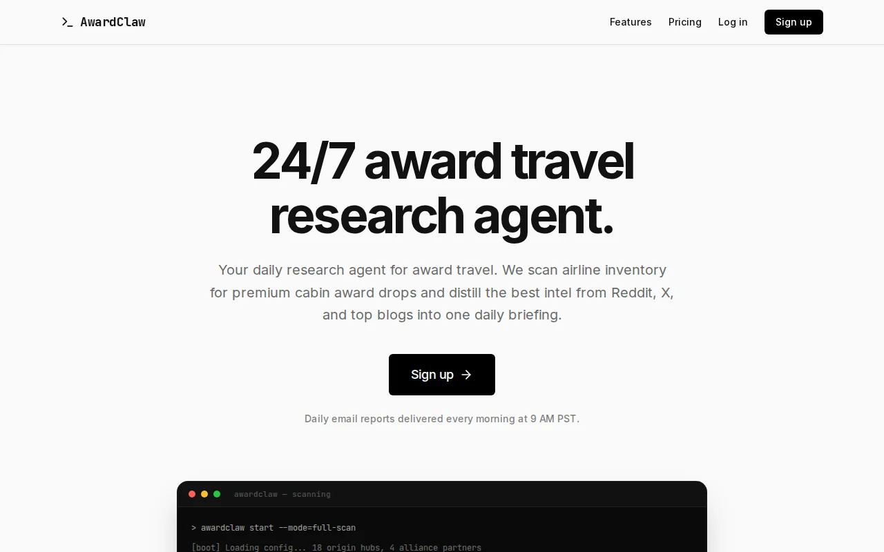 AwardClaw – 24/7 award travel research agent