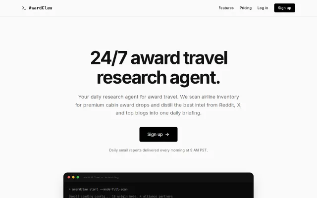 AwardClaw – 24/7 award travel research agent