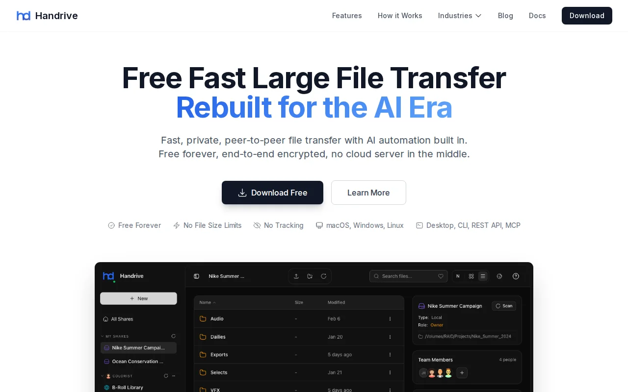 Handrive – Free P2P file transfer with 40 MCP tools for AI automation
