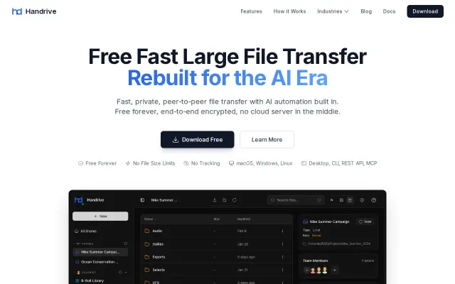 Handrive – Free P2P file transfer with 40 MCP tools for AI automation