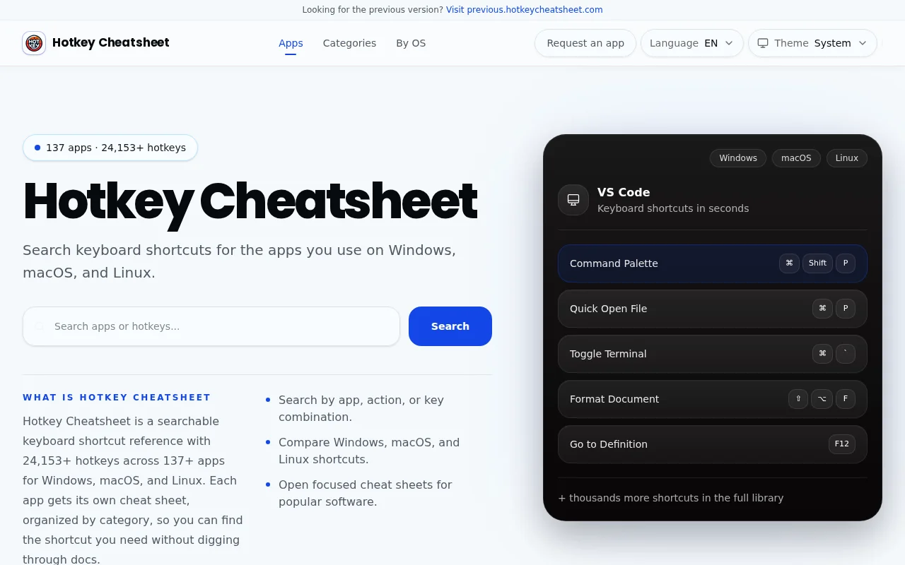 Hotkey Cheatsheet – keyboard shortcuts for 134 apps