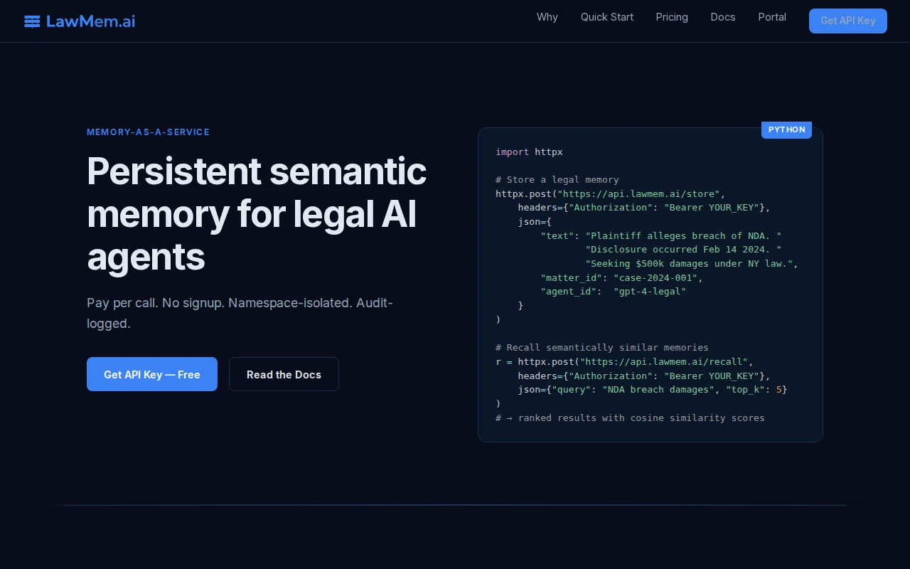 LawMem – persistent memory for legal AI agents, pay-per-call via USDC