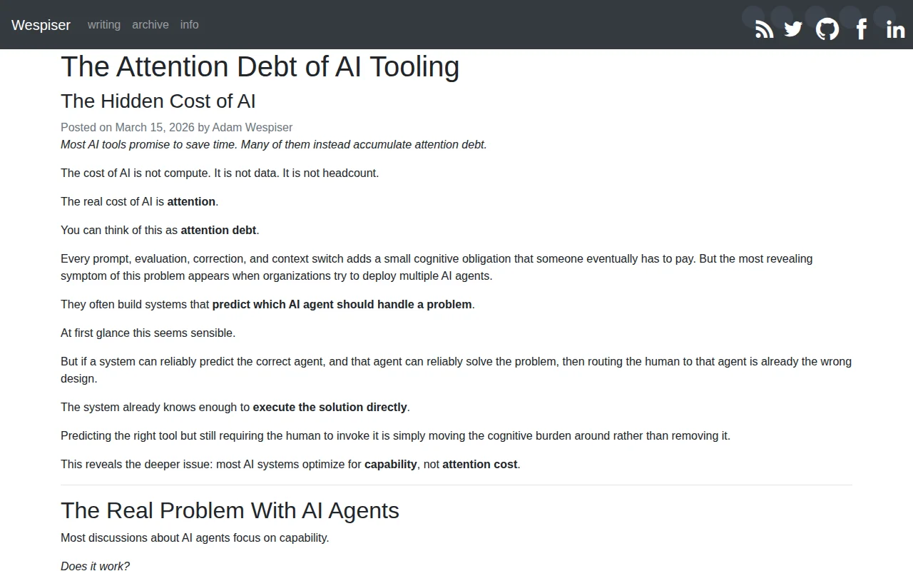 The Attention Debt of AI Tooling (AI tools can increase attention cost)