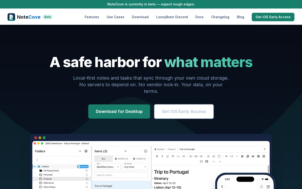 NoteCove – local-first notes&tasks, synced via your own cloud storage