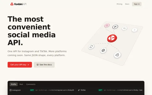 KonbiniAPI – One API for Instagram and TikTok Data, Same JSON Shape