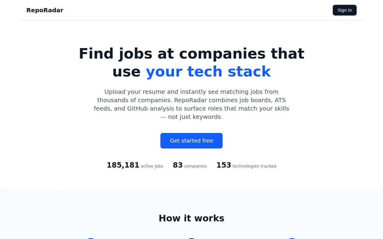 RepoRadar, job search by tech stack. upload resume get results