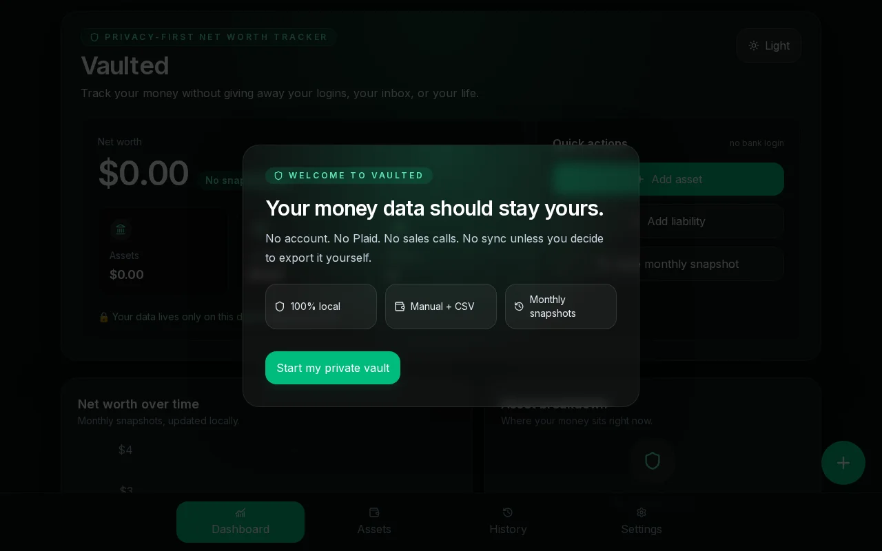 Vaulted – Privacy-first net worth tracker, no account