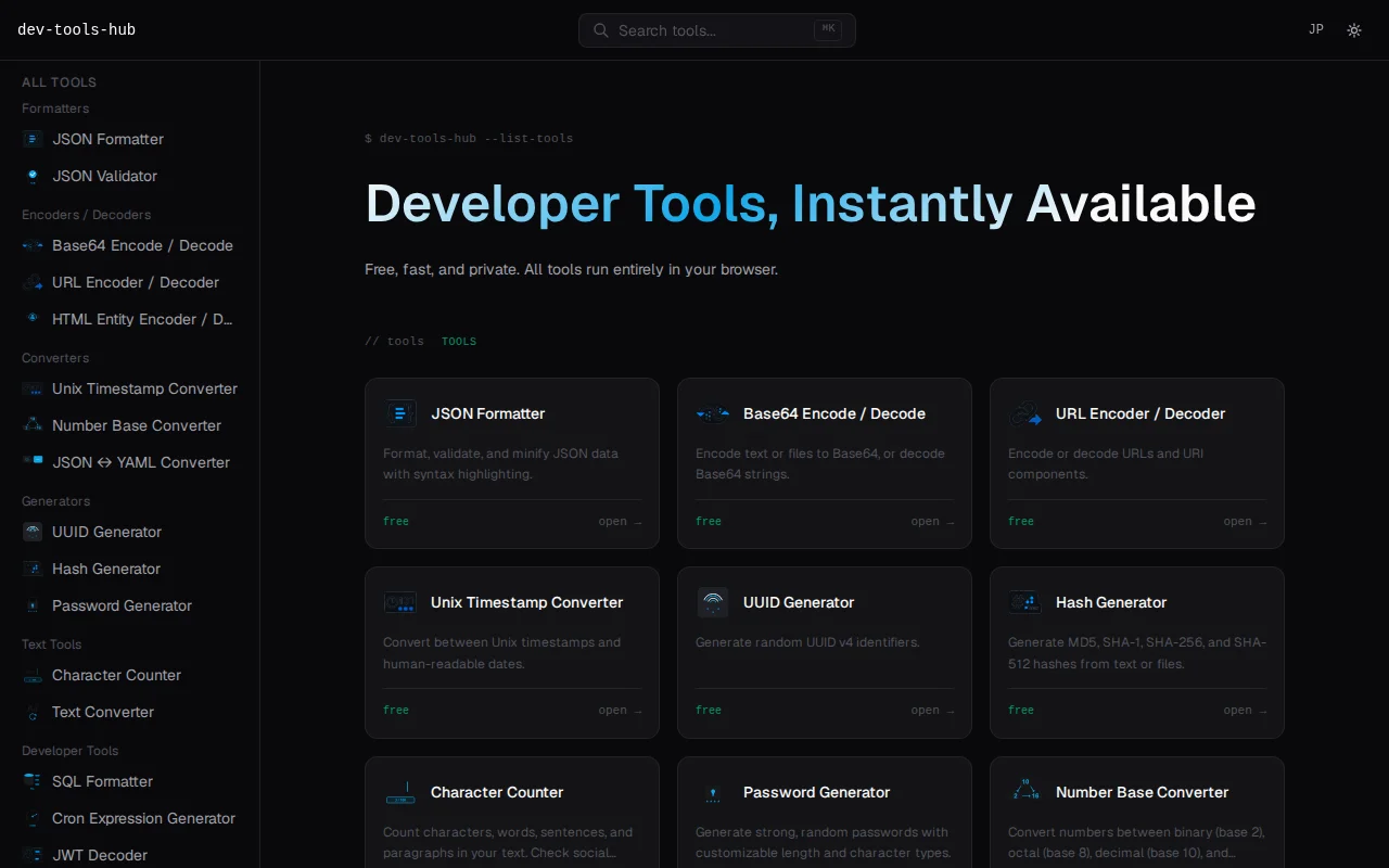 Dev Tools Hub – 10 free browser-based developer utilities