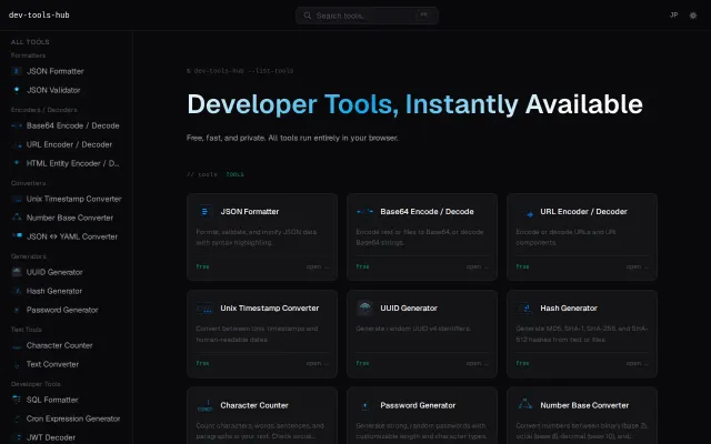 Dev Tools Hub – 10 free browser-based developer utilities