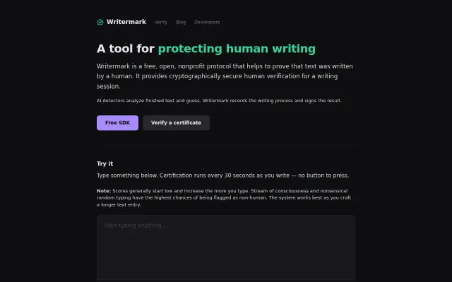 Writermark – Open protocol to help prove text is human-written