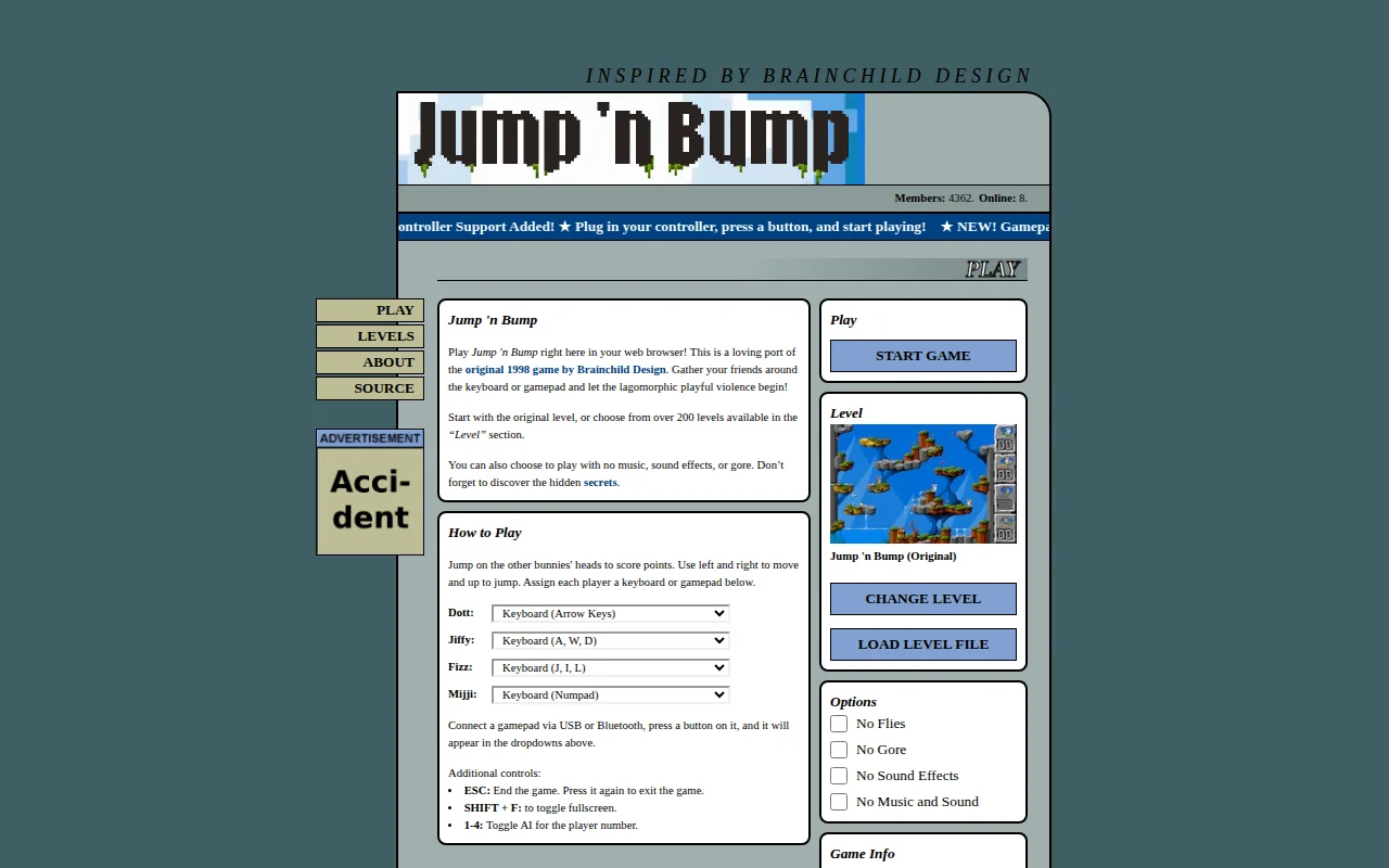 Jump 'n Bump DOS classic rebuilt for the browser with Gamepad API