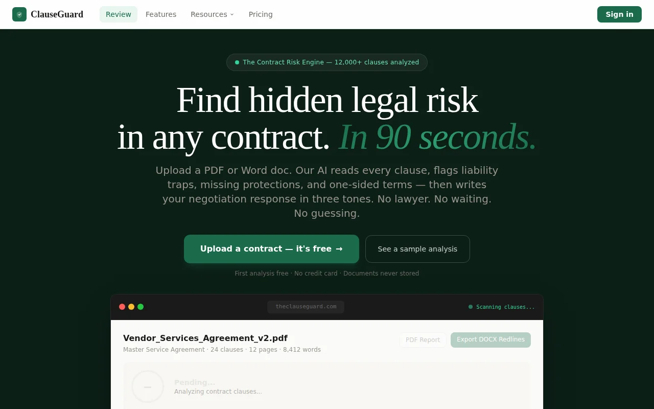 ClauseGuard – AI contract review in 90s, finds risks, writes redlines