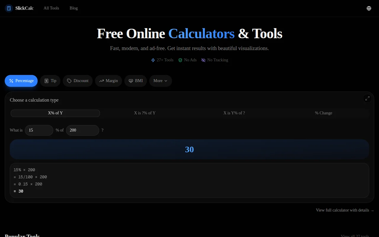SlickCalc – 30 free calculators, no ads, dark UI