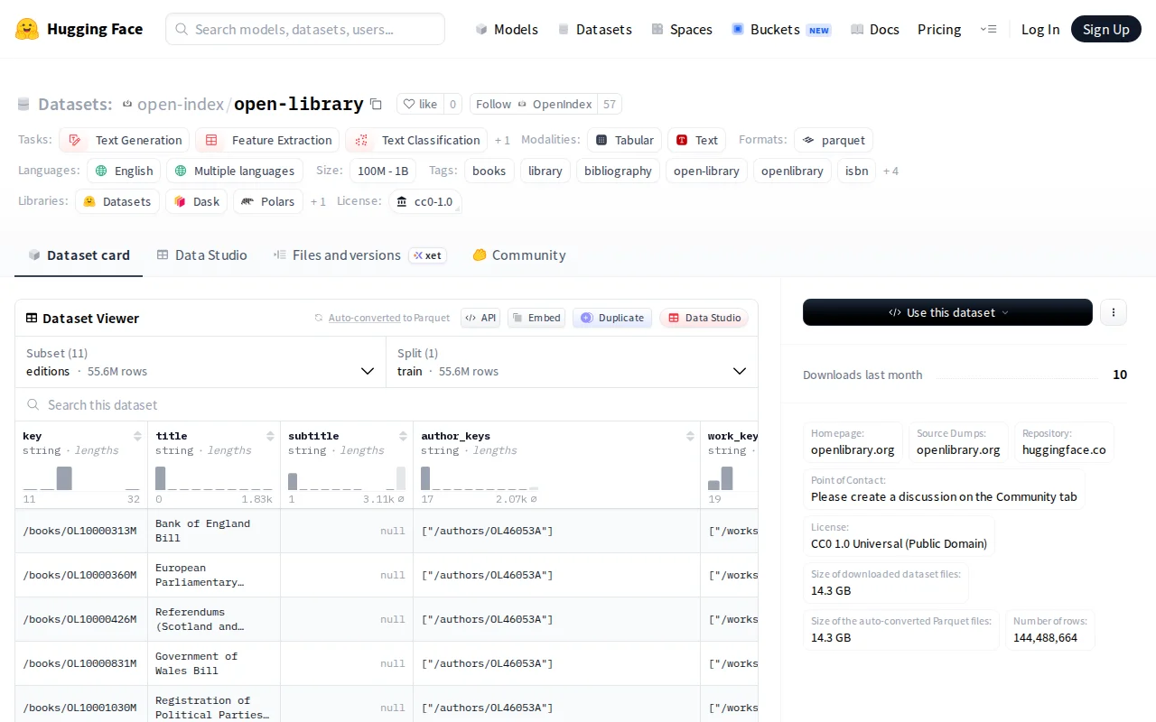 The complete Open Library catalog in clean, analysis-ready Parquet
