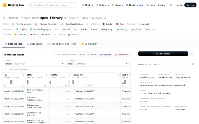 The complete Open Library catalog in clean, analysis-ready Parquet