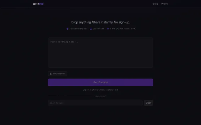 PasteDrop – Share text and code without accounts or tracking