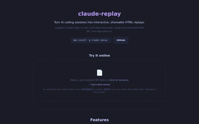 Claude-replay – Video-like player for AI coding sessions (web UI)