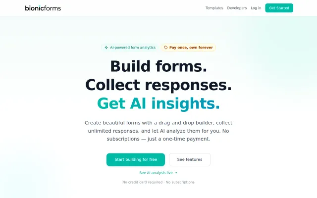 BionicForms – Form builder with AI analysis, $49 one-time vs. $1k's/yr