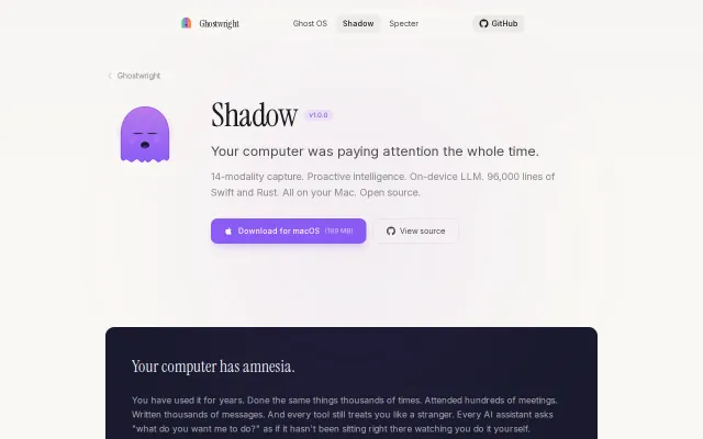 Shadow – open-source Littlebird alt, 14-modality on-device LoRA (macOS)