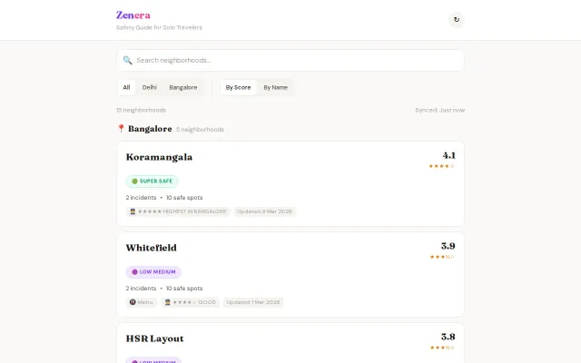 Zenera – Neighborhood-level safety data for solo travelers
