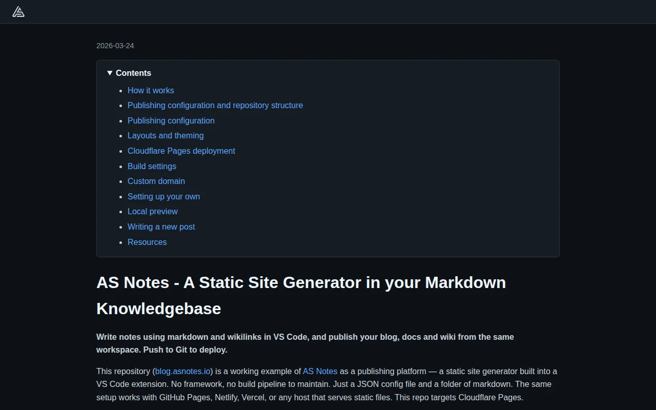 As Notes – A Static Site Generator in Your Markdown Knowledgebase