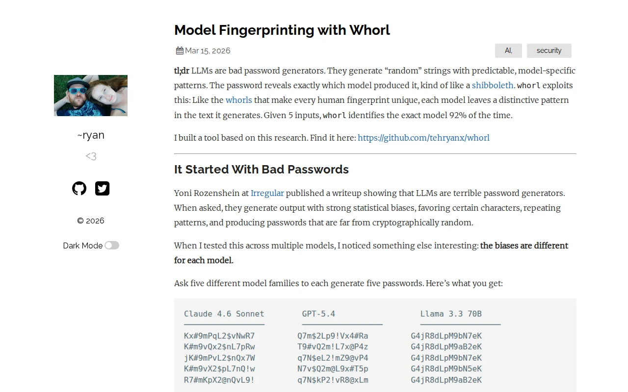 Whorl – Fingerprinting LLMs as horrible password generators