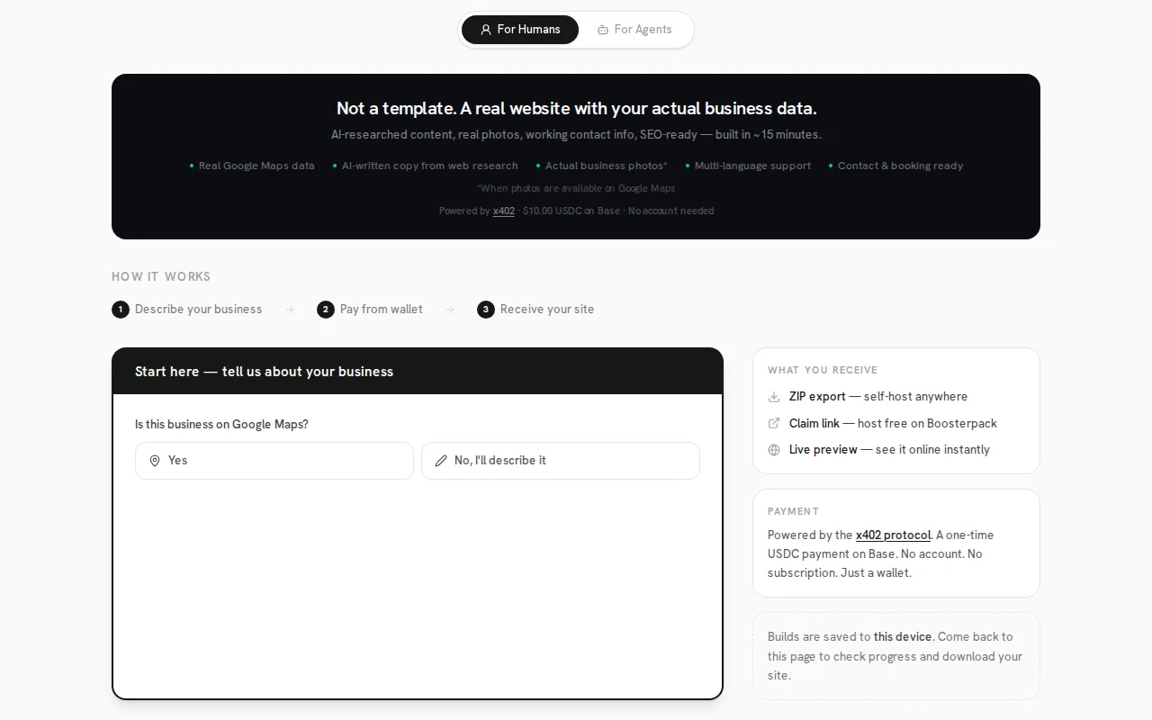An x402 gateway for buying a finished local business website