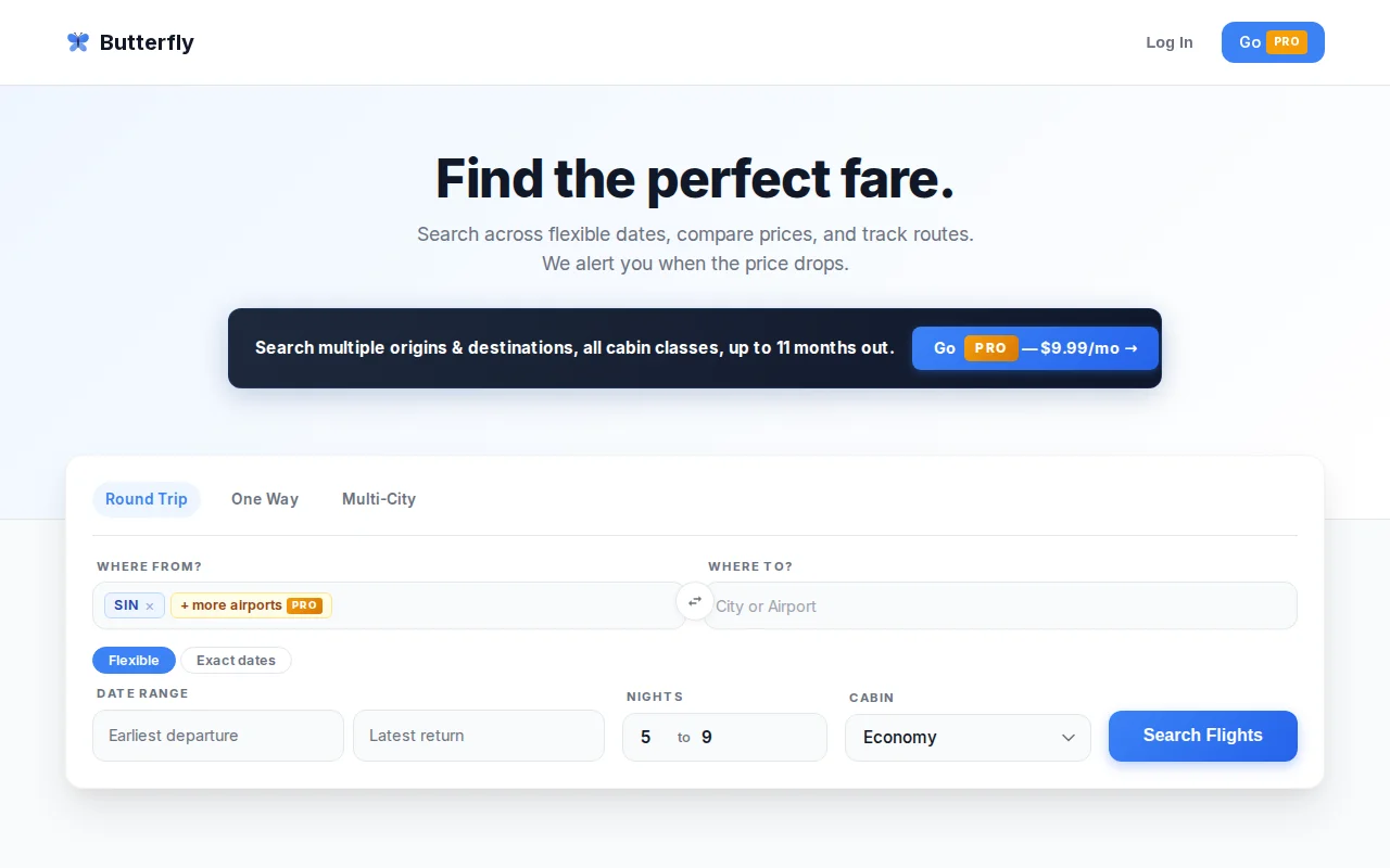 Search and track flight prices across date and destination combinations