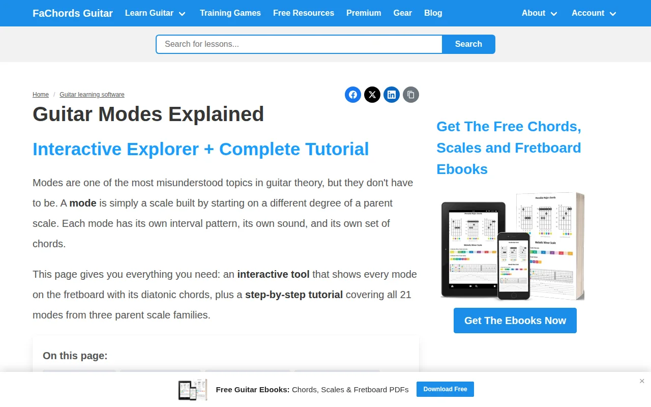 Interactive guitar modes explorer: scales, fretboard, diatonic chords