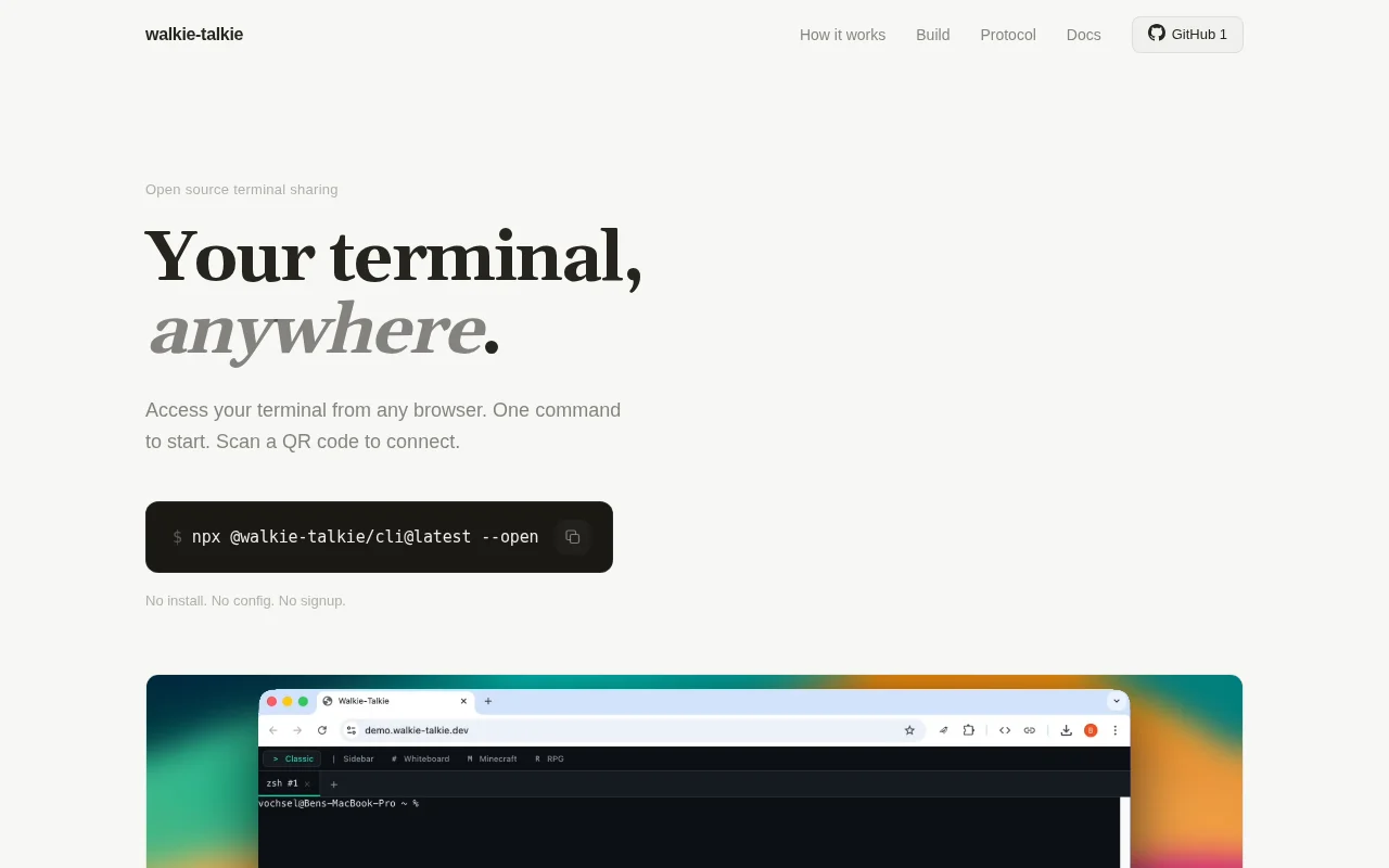 Walkie-Talkie – Access your terminal from any browser with one command