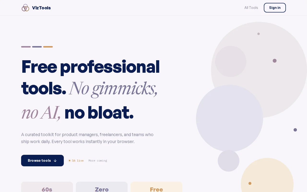 VizTools – 16 free tools for PMs and freelancers, deliberately no AI
