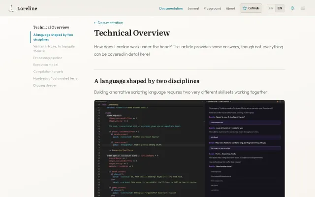 Loreline, narrative language transpiled via Haxe: C++/C#/JS/Java/Py/Lua